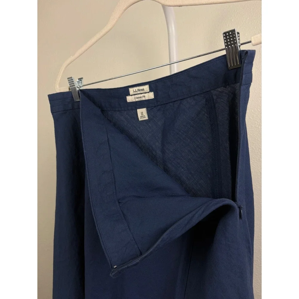 L.L. Bean Womens Navy Blue 100% Linen Skirt Classic Fit Size 14 Cottagecore Boho